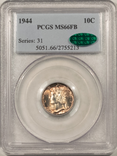 CAC Approved Coins 1944 MERCURY DIME – PCGS MS-66 FB, PRETTY, PREMIUM QUALITY+! CAC APPROVED!