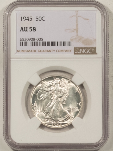 New Certified Coins 1945 WALKING LIBERTY HALF DOLLAR – NGC AU-58, LOOKS MS-64!