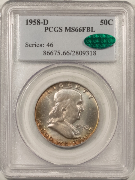 CAC Approved Coins 1958-D FRANKLIN HALF DOLLAR – PCGS MS-66 FBL, PRETTY TONING & PQ & CAC APPROVED!