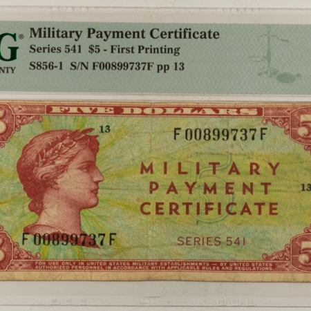 U.S. Currency MILITARY PAYMENT CERTIFICATE, SERIES 541, $5 FIRST PRINTING, S856-1, PMG VF-20! 