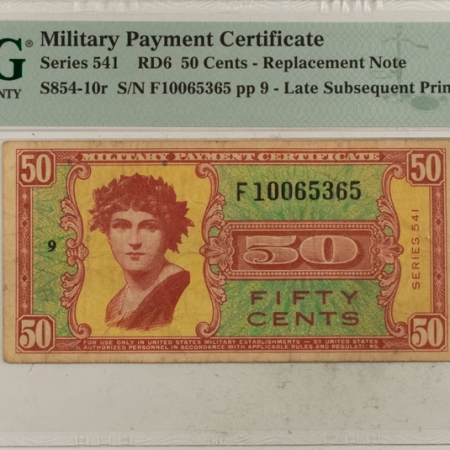 U.S. Currency MILITARY PAYMENT CERTIFICATE, SERIES 541, 50c REPLACEMENT NOTE, RD6, PMG VF-20!