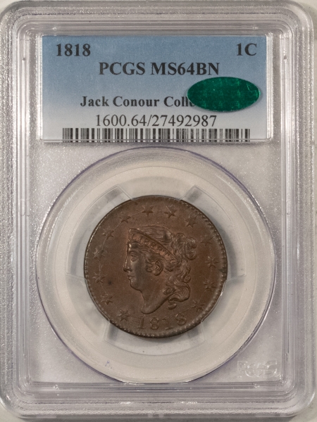 CAC Approved Coins 1818 CORONET HEAD LARGE CENT – PCGS MS-64 BN, LUSTROUS, PREMIUM QUALITY! CAC!