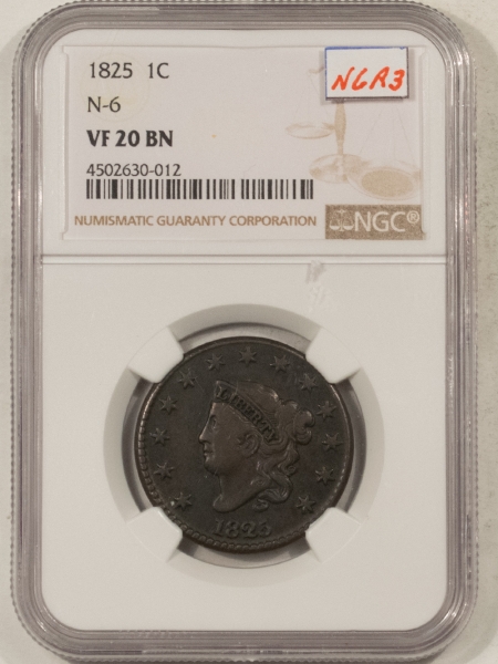 Coronet Head Large Cents 1825 CORONET HEAD LARGE CENT, N-6, R-3 – NGC VF-20 BN