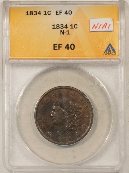 Coronet Head Large Cents 1834 CORONET HEAD LARGE CENT, N-1, R-1, SM 8 LG STARS MED LETTERS – ANACS EF-40