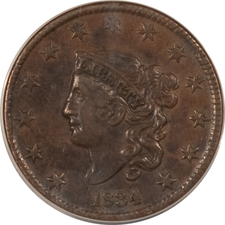 Coronet Head Large Cents 1834 CORONET HEAD LARGE CENT, N-1, R-1, SM 8 LG STARS MED LETTERS – ANACS EF-40