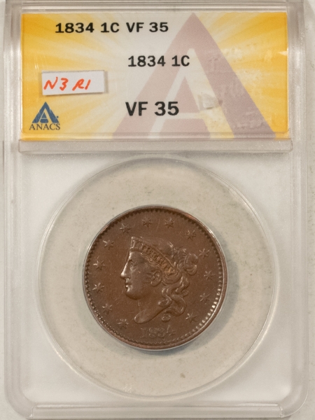 Coronet Head Large Cents 1834 CORONET HEAD LG CENT, N3R1, LG 8 SM STARS MED LTRS ANACS VF35 LOOKS BETTER!