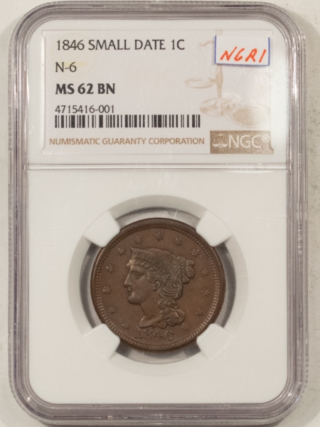 Coronet Head Large Cents 1846 CORONET HEAD LARGE CENT, SMALL DATE N-6, R-1 – NGC MS-62 BN, SMOOTH, CHOICE