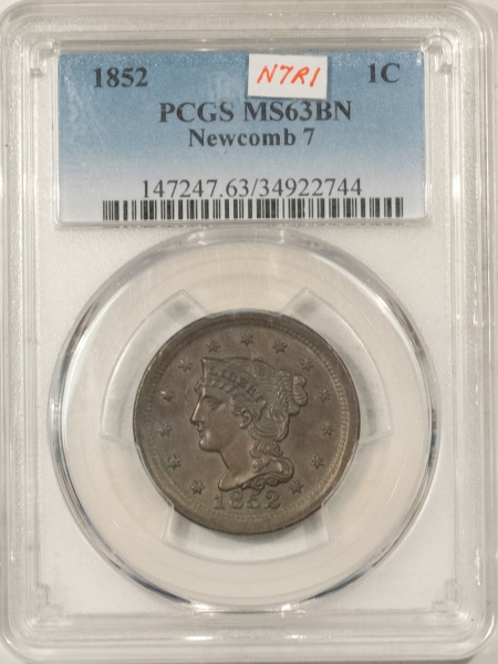 Coronet Head Large Cents 1852 CORONET HEAD LARGE CENT, N-7, R-1 – PCGS MS-63 BN, CHOICE!