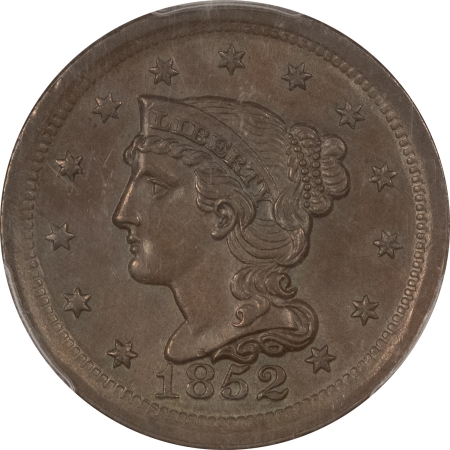 Coronet Head Large Cents 1852 CORONET HEAD LARGE CENT, N-7, R-1 – PCGS MS-63 BN, CHOICE!