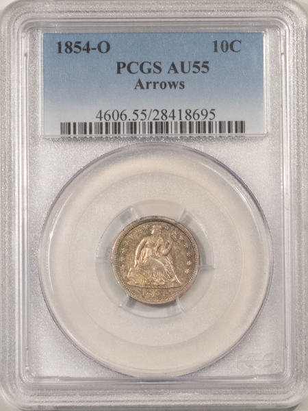 Liberty Seated Dimes 1854-O SEATED LIBERTY DIME, ARROWS – PCGS AU-55, TOUGH DATE!