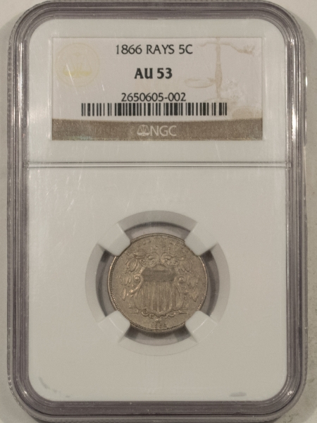 New Certified Coins 1866 RAYS SHIELD NICKEL – NGC AU-53, NICE ORIGINAL