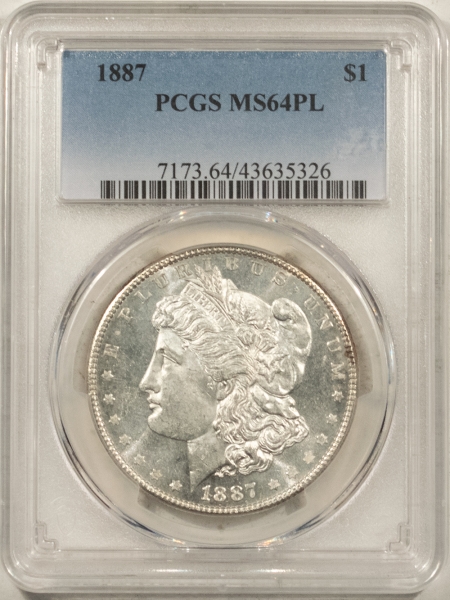 Morgan Dollars 1887 MORGAN DOLLAR – PCGS MS-64 PL, PROOFLIKE! GREAT MIRRORS!