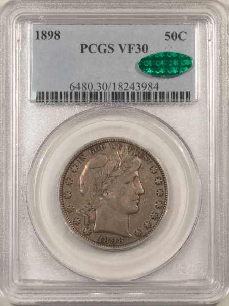 Barber Halves 1898 BARBER HALF DOLLAR – PCGS VF-30 CAC, POP 2 @ CAC! WHOLESOME!