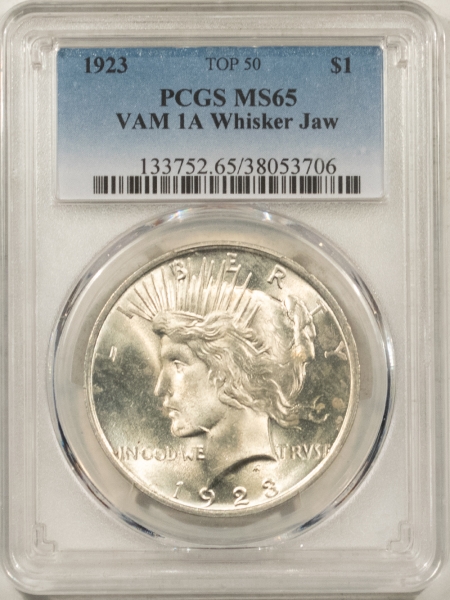 Dollars 1923 PEACE DOLLAR, VAM-1A WHISKER JAW, TOP 50 – PCGS MS65, POPULAR VARIETY! GEM!