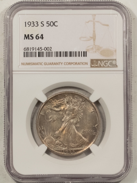 New Certified Coins 1933-S WALKING LIBERTY HALF DOLLAR – NGC MS-64, FRESH ORIGINAL, PREMIUM QUALITY!