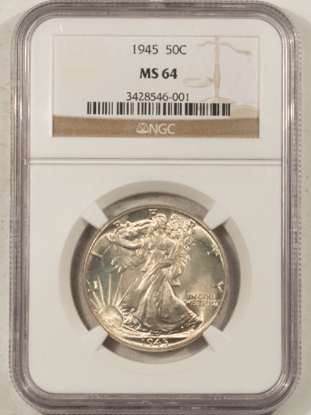 New Certified Coins 1945 WALKING LIBERTY HALF DOLLAR – NGC MS-64, FLASHY & ORIGINAL WHITE!