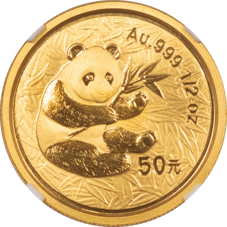 Bullion 2000 CHINA .999 50 YUAN 1/2 OZ GOLD PANDA, FROSTED RING – NGC MS-69, PRISTINE