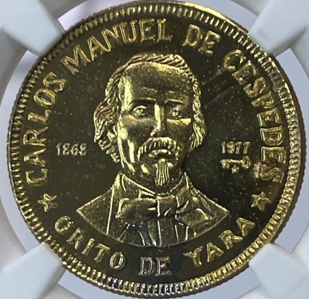 New Certified Coins CUBA 1977 LATON 100 PESOS PATTERN STRUCK GILT BRASS/REEDED EDGE NGC PF65 CAMEO