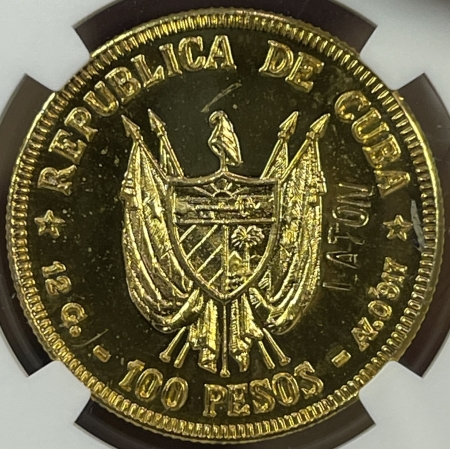 New Certified Coins CUBA 1977 LATON 100 PESOS PATTERN STRUCK GILT BRASS/REEDED EDGE NGC PF65 CAMEO