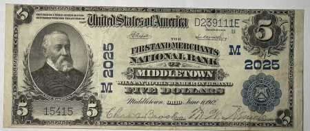 Large National Currency 1902 $5 PB FIRST & MERCHANTS NATIONAL BANK, MIDDLETOWN, OH, CHTR 2025 CRISP VF++