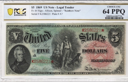 Large U.S. Notes 1869 $5 RAINBOW LEGAL TENDER, FR-64, PCGS CU-64 PPQ FRESH FROM AN OLD COLLECTION