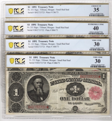 Large Treasury Note 1891 $1 TREASURY NOTE, 4 CONSECUTIVE NOTES, PCGS VF30-XF40; FROM OLD COLLECTION