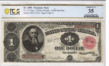 Large Treasury Note 1891 $1 TREASURY NOTE, 4 CONSECUTIVE NOTES, PCGS VF30-XF40; FROM OLD COLLECTION