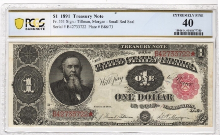 Large Treasury Note 1891 $1 TREASURY NOTE, 4 CONSECUTIVE NOTES, PCGS VF30-XF40; FROM OLD COLLECTION