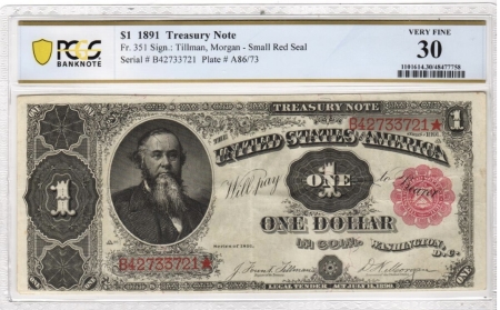 Large Treasury Note 1891 $1 TREASURY NOTE, 4 CONSECUTIVE NOTES, PCGS VF30-XF40; FROM OLD COLLECTION