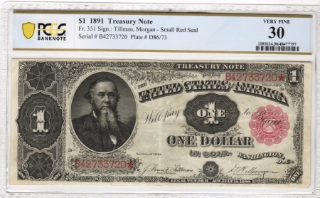 Large Treasury Note 1891 $1 TREASURY NOTE, 4 CONSECUTIVE NOTES, PCGS VF30-XF40; FROM OLD COLLECTION