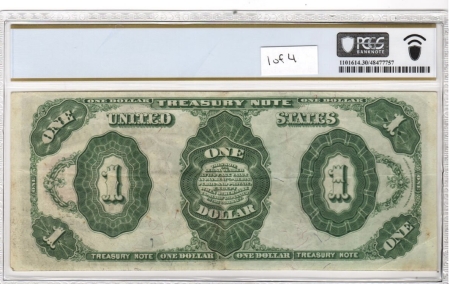 Large Treasury Note 1891 $1 TREASURY NOTE, 4 CONSECUTIVE NOTES, PCGS VF30-XF40; FROM OLD COLLECTION