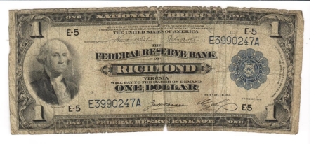 Large Federal Reserve Notes 1918 $1 FEDERAL RESERVE NOTE, FR-721E; ORIGINAL G/VG, SPLITS; WORN BUT INTACT