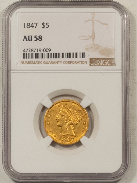 $5 1847 $5 LIBERTY GOLD, NO MOTTO – NGC AU-58, FS-302, MISPLACED 1