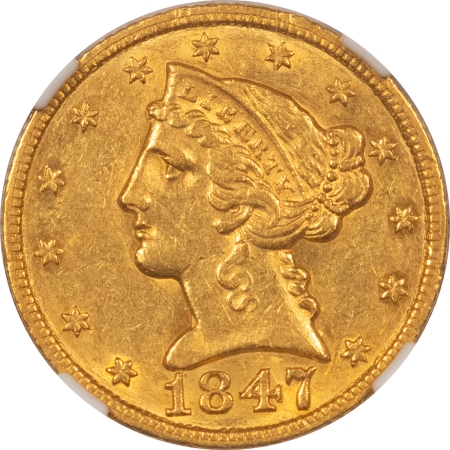 $5 1847 $5 LIBERTY GOLD, NO MOTTO – NGC AU-58, FS-302, MISPLACED 1