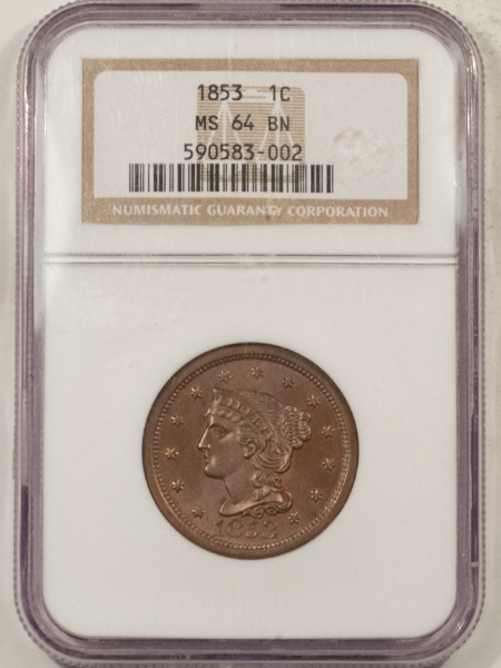 Braided Hair Large Cents 1853 BRAIDED HAIR LARGE CENT – NGC MS-64 BN, SMOOTH, LOOKS GEM!