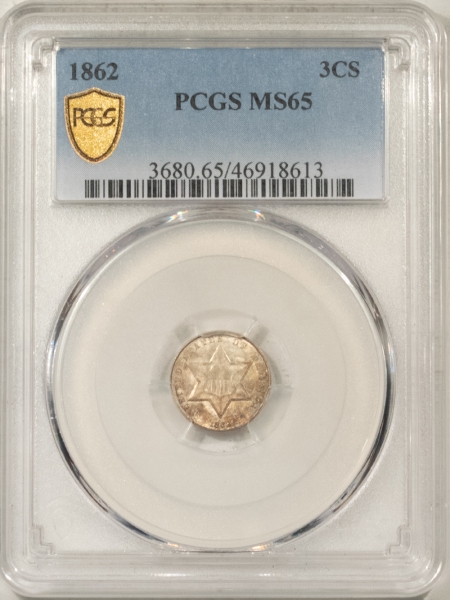 New Certified Coins 1862 THREE CENT SILVER – PCGS MS-65, FRESH, FLASHY GEM!