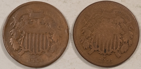 Two Cent Pieces 1864, 1866 TWO CENT PIECES, LOT OF 2 – CIRCULATED, EACH WITH MINOR ISSUES!