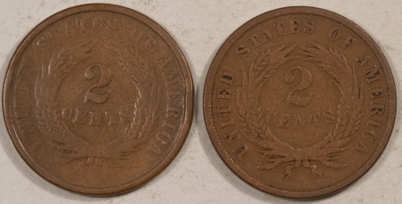 Two Cent Pieces 1864, 1866 TWO CENT PIECES, LOT OF 2 – CIRCULATED, EACH WITH MINOR ISSUES!