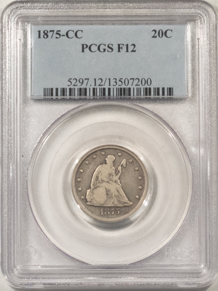 New Certified Coins 1875-CC TWENTY CENT PIECE – PCGS F-12, NICE ORIGINAL! CARSON CITY!