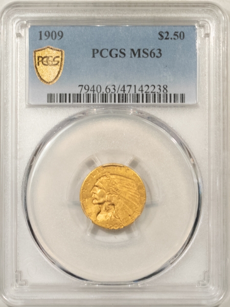 $2.50 1909 $2.50 INDIAN GOLD – PCGS MS-63, FRESH & CHOICE! TOUGH DATE!