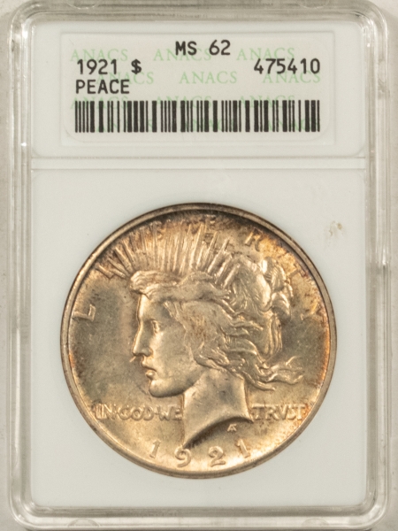 New Certified Coins 1921 PEACE DOLLAR – ANACS MS-62, OLD WHITE HOLDER & CHOICE!