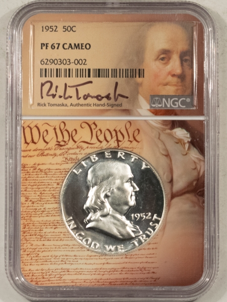 Franklin Halves 1952 PROOF FRANKLIN HALF DOLLAR NGC PF-67 CAMEO, RICK TOMASKA SIGNED BLACK/WHITE