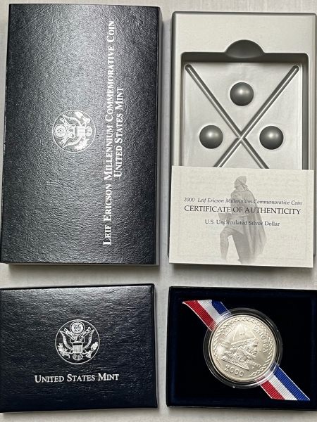 Modern Commems 2000-P LEIF ERICSON MILLENNIUM COMMEMORATIVE SILVER DOLLAR, GEM BU W/ OGP