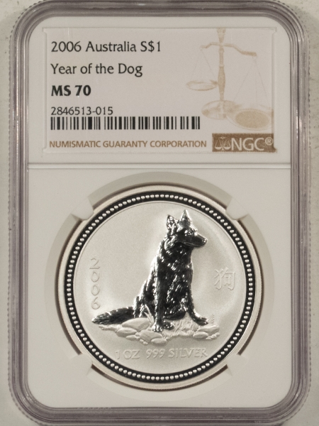 Bullion 2006 $1 AUSTRALIA LUNAR, 1 OZ, .999, YEAR OF THE DOG – NGC MS-70