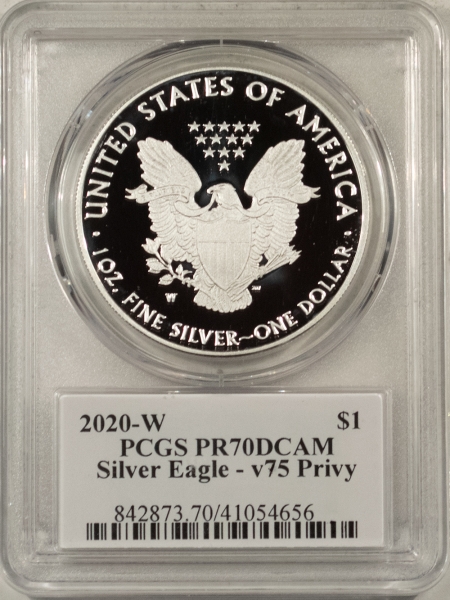 American Silver Eagles 2020-W $1 AMERICAN SILVER EAGLE, 1 OZ, V75 WW2 PRIVY – PCGS PR-70 DCAM MERCANTI!