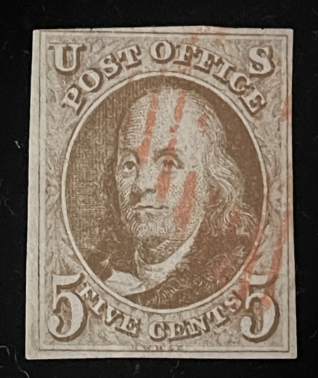 New Store Items SCOTT #1 5c RED-BROWN, 4 MARGINS; RED, VERY LIGHT, GRID CANCEL-abt VF, CAT $425