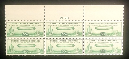 Air Post Stamps SCOTT # C-18 50c GREEN TOP PLATE BLOCK OF 6, XF CENTERING, BROAD MARGINS, FRESH!