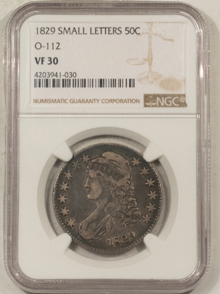 Early Halves 1829 CAPPED BUST HALF DOLLAR, SMALL LETTERS, O-112 – NGC VF-30, NICE ORIGINAL!