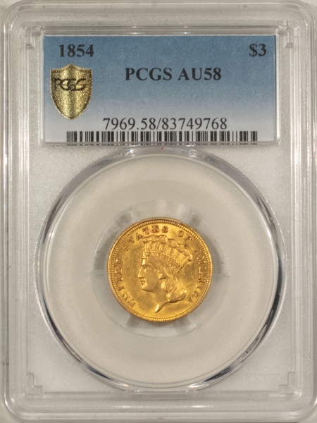 $3 1854 $3 THREE DOLLAR GOLD – PCGS AU-58, NEARLY UNCIRCULATED! FIRST YEAR COIN!