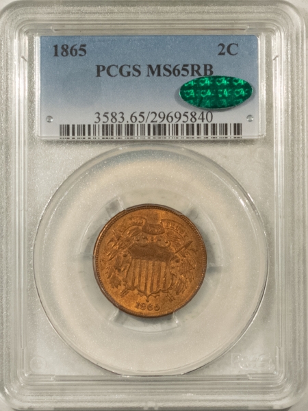 CAC Approved Coins 1865 TWO CENT PIECE – PCGS MS-65 RB, NEARLY RED! PREMIUM QUALITY GEM! CAC!